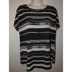 Womens M Susan Graver Black & Tan Striped  Blouse NWT Beaded Accents Stretch Top